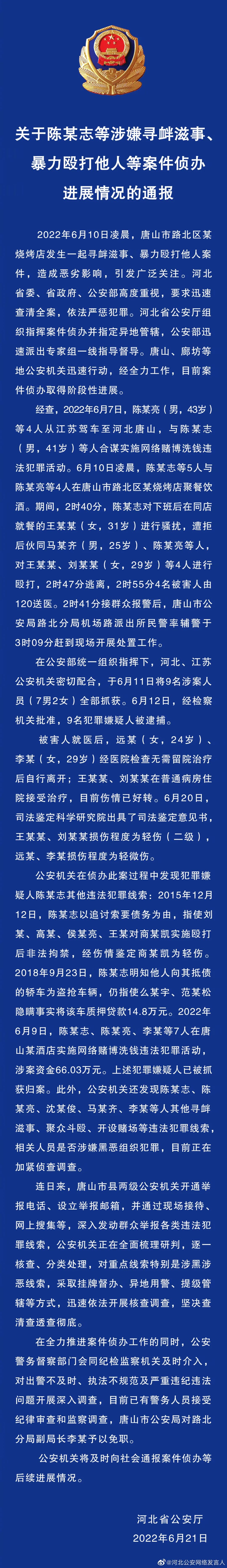 方才 ，河北警方通报唐山打人案最新进展！